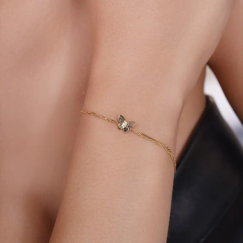 14K Yellow Gold Double-Strand Paperclip Bracelet With Diamond-Cut Butterfly Charm 1