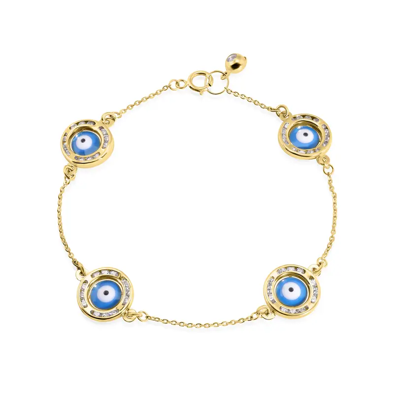14K Yellow Gold Enamel Cable Bracelet With Four Evil Eye Charms And Sparkling Cz Accents 1