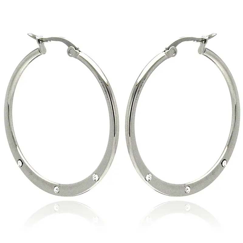3-Stone Cubic Zirconia Flat Rhodium-Plated Stainless Steel Hoops – Sse00058 2