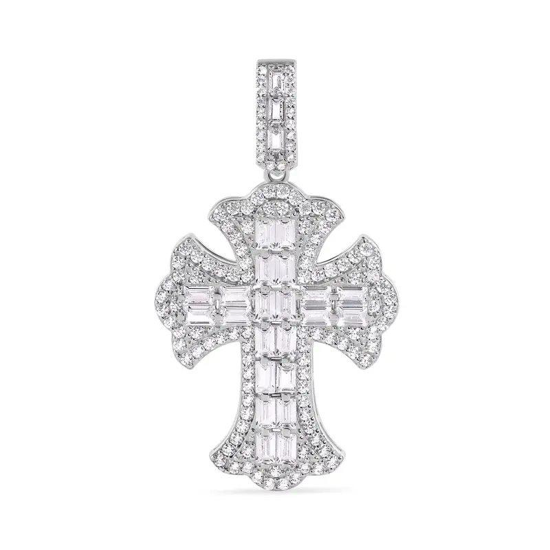 32.1Mm Fleur-De-Lis Cross Pendant With Baguette-Cut Cz Stones In Rhodium-Plated Silver 1