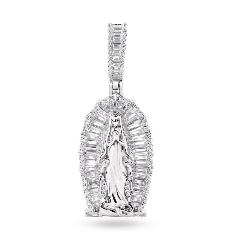 35Mm Our Lady Of Guadalupe Pendant In Rhodium-Plated Sterling Silver With Baguette Cz Stones 1