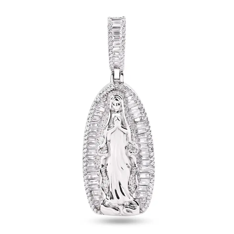 40Mm Our Lady Of Guadalupe Pendant In Rhodium-Plated Sterling Silver With Baguette Cz Stones 1