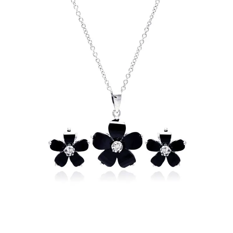 925 Sterling Silver Black-And-Clear Flower Cz Earrings And Dangling Necklace Set - Bgs00008 1