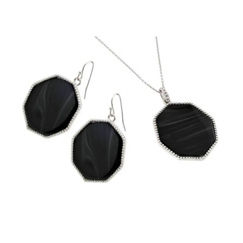 925 Sterling Silver Black Octagon Cz Dangling Hook Earring And Necklace Set With Rhodium Plating - Sts00482 1