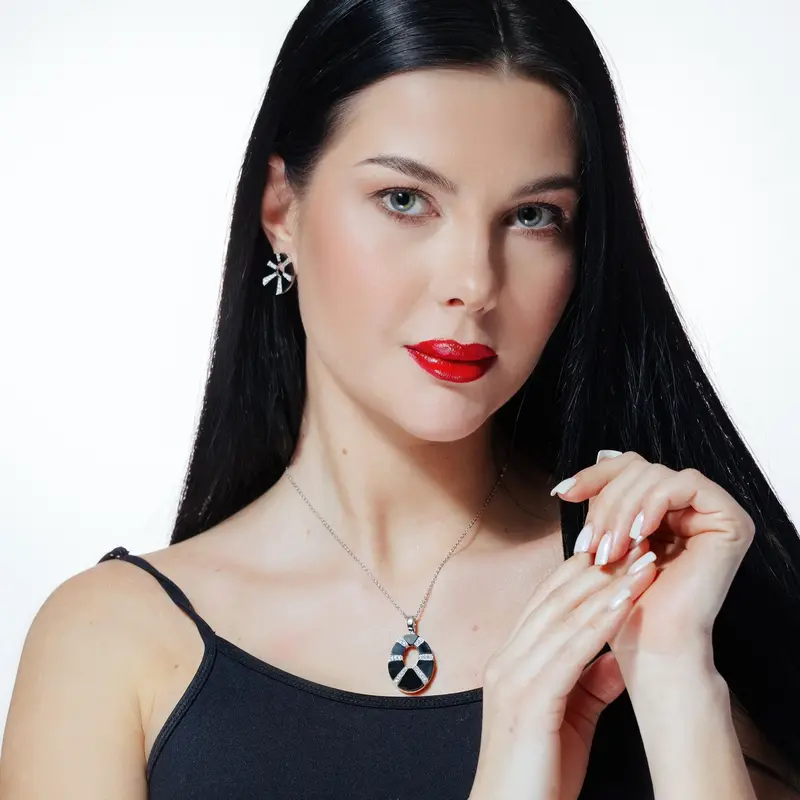925 Sterling Silver Black Onyx & Clear Cz Oval Stud Earrings And Dangling Necklace Set – Rhodium Plated – Clearance 1