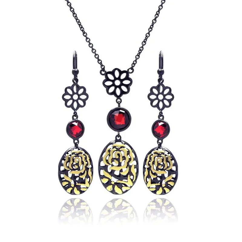 925 Sterling Silver Black Rhodium & Gold-Plated Filigree Flower With Red Cz Stud Earring & Necklace Set – Sts00396 1