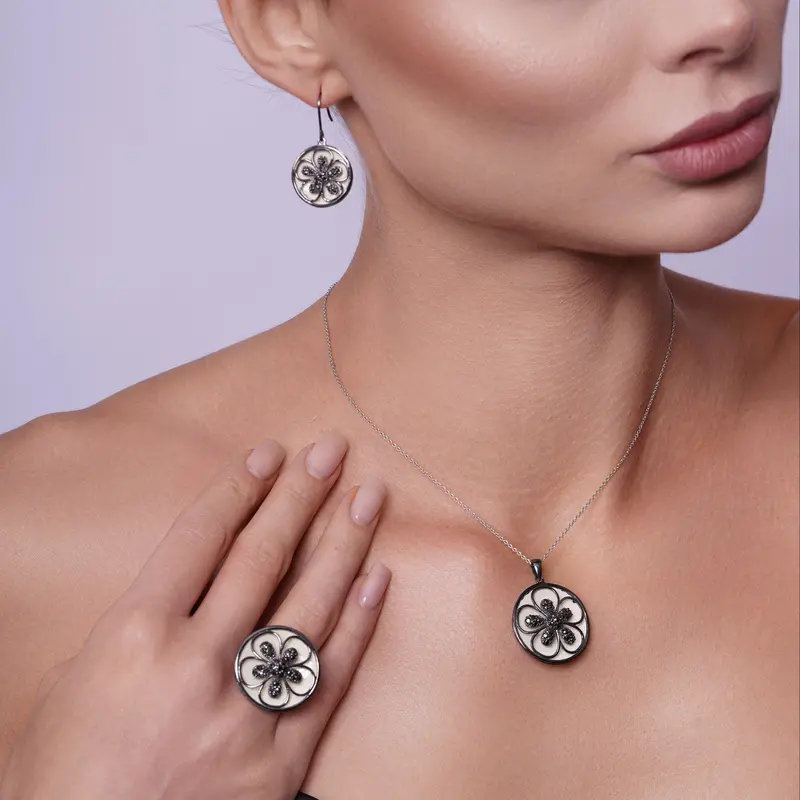925 Sterling Silver Black Rhodium-Plated Flower With White Enamel & Cz Dangling Earring & Necklace Set – Sts00376 1