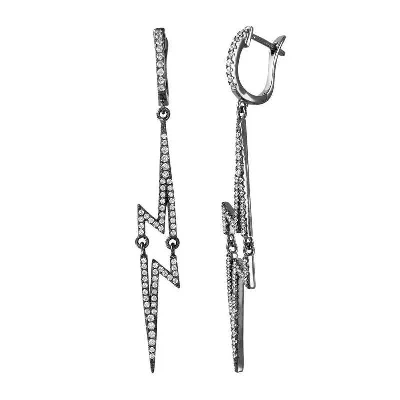 925 Sterling Silver Black Rhodium-Plated Lightning Bolt Huggie Hoop Earrings With Cz Detailing 1