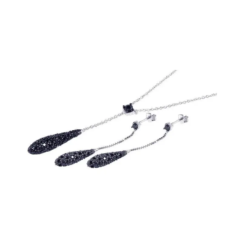 925 Sterling Silver Black Rhodium-Plated Long Teardrop Cz Earrings And Necklace Set - Sts00144 1