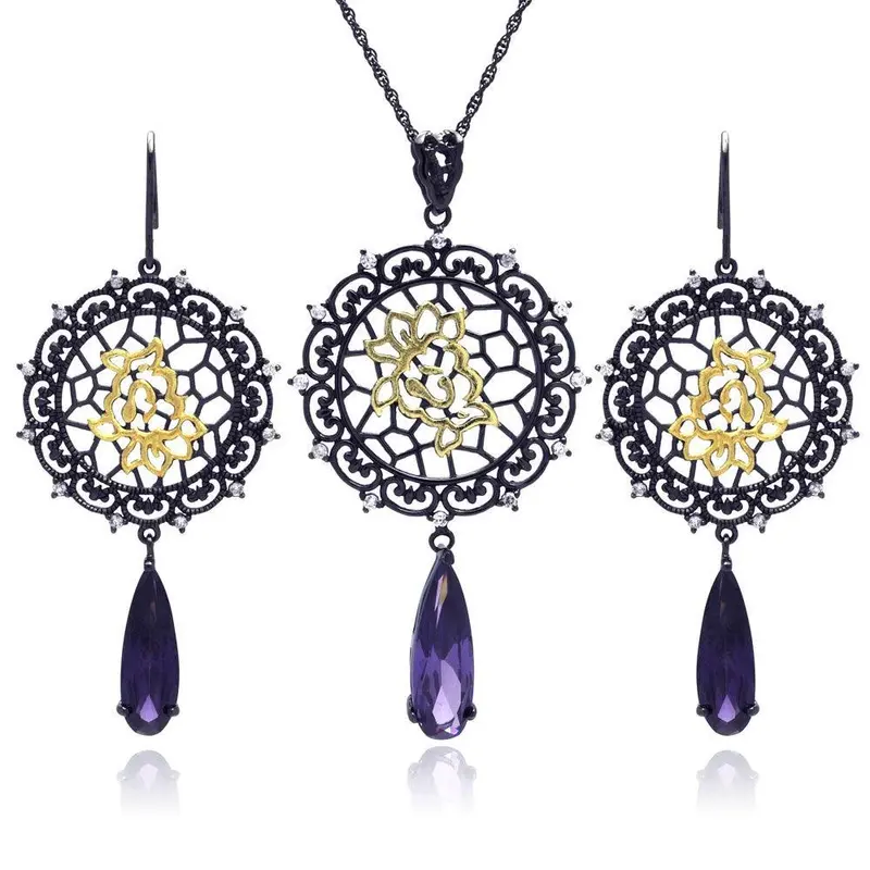925 Sterling Silver Black Rhodium-Plated Round Flower Cz Dangling Hook Earring & Necklace Set – Sts00395 1