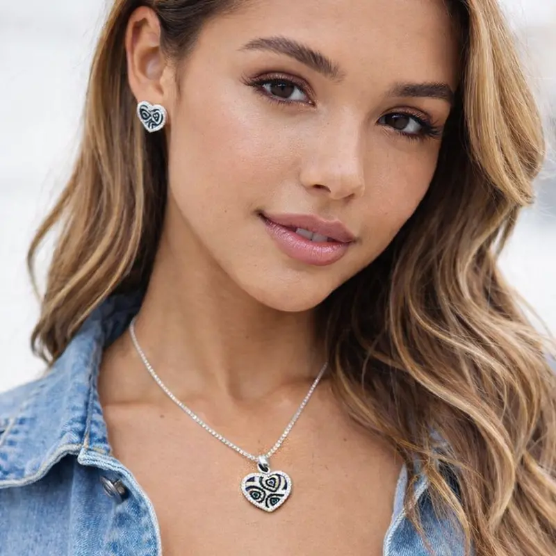 925 Sterling Silver Black & White Enamel Heart Clear Cz Stud & Necklace Set – Rhodium-Plated Bgs00108 1