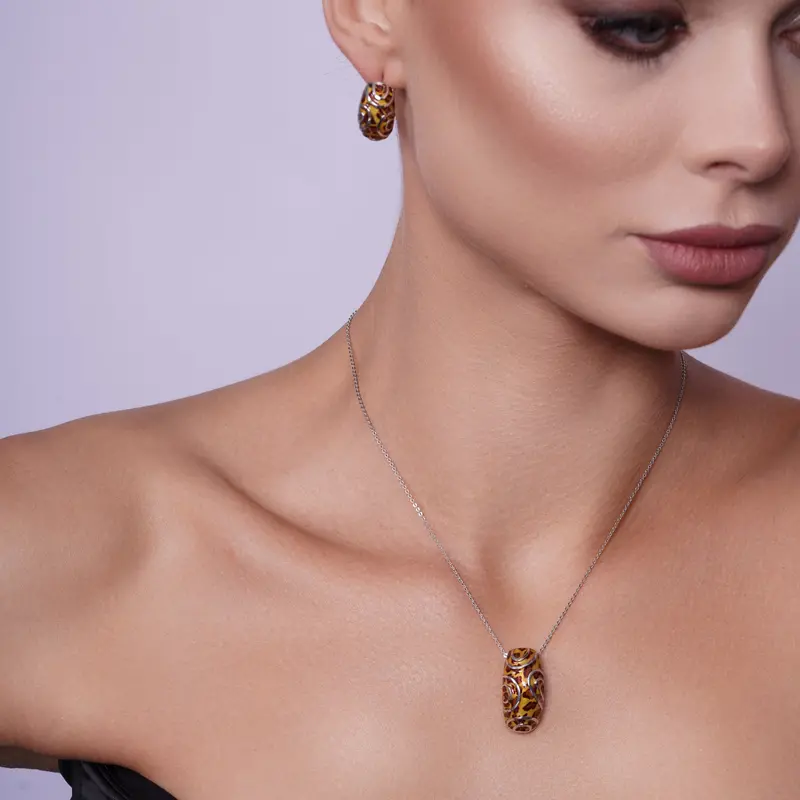 925 Sterling Silver Brown Leopard Print French Clip Earring & Necklace Set – Rhodium-Plated Bgs00066 1