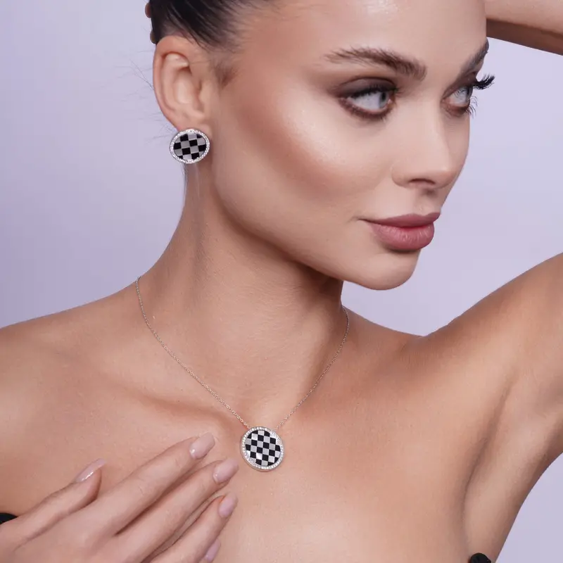 925 Sterling Silver Checkerboard Round Clear Cz Stud & Necklace Set – Rhodium-Plated Bgs00068 1