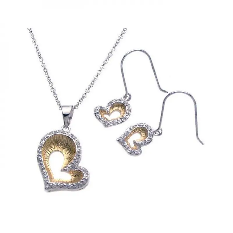925 Sterling Silver Gold & Rhodium-Plated Open Heart Cz Border Hook Earring & Dangling Necklace Set – Bgs00089 1