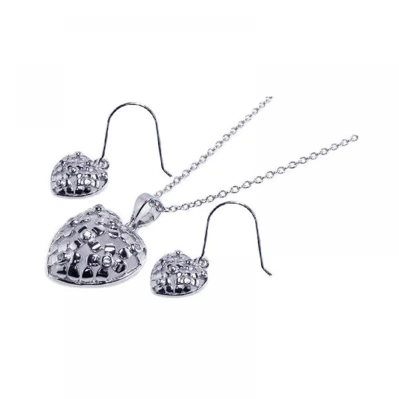 925 Sterling Silver Heart Cz Hook Earrings And Dangling Necklace Set - Bgs00023 1