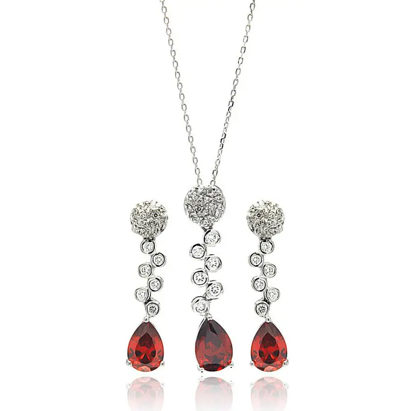 925 Sterling Silver Jewelry Set: Red Teardrop And Round Cz Hanging Earrings And Necklace With Rhodium Plating - Bgs00295 1