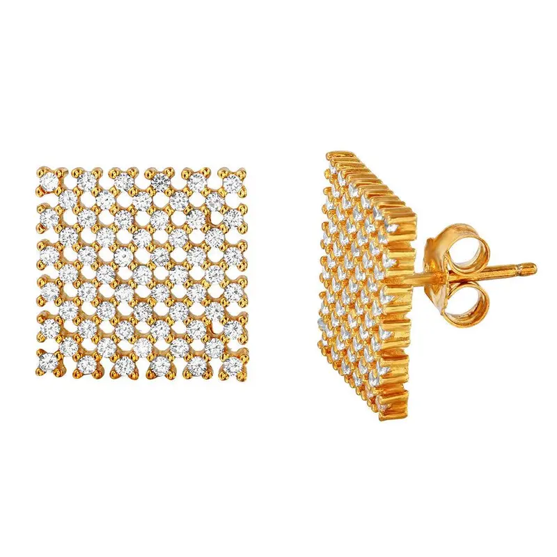 925 Sterling Silver Large Checkered Cz Stud Earrings – Gold Plated 1