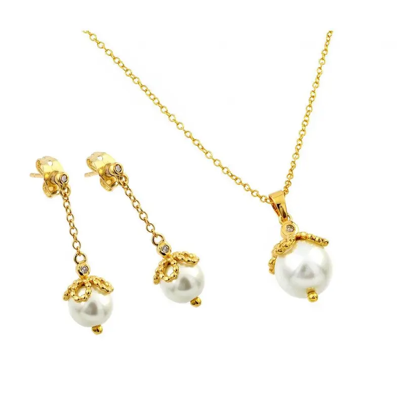 925 Sterling Silver Pearl Drop Earring And Necklace Set With Gold Plating And Clear Cubic Zirconia Accents - Bgs00414 1