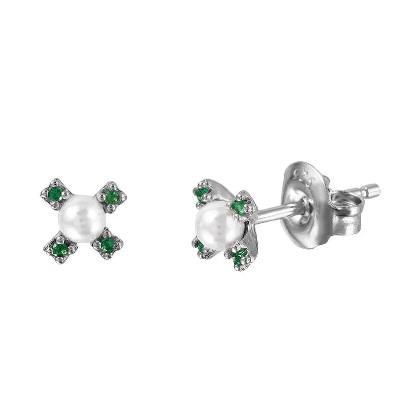 925 Sterling Silver Rhodium-Plated Green Cz Flower Stud Earrings With Synthetic Pearl - Gme00035Rh-Green 1