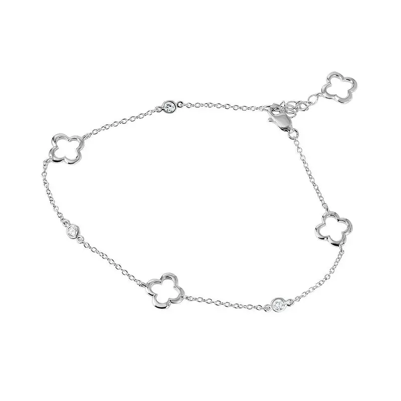 925 Sterling Silver Rhodium-Plated Open Floral Design Anklet With Delicate Chain Links - Bgf00008 1