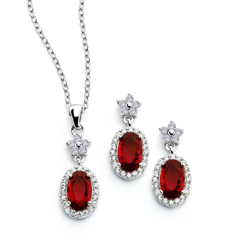 925 Sterling Silver Rhodium-Plated Red Cubic Zirconia Floral Dangling Earring And Necklace Set - Sts00473 1