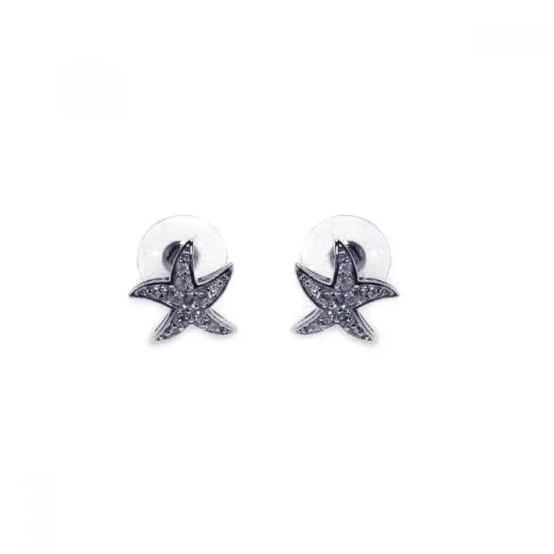 925 Sterling Silver Rhodium-Plated Wavy Starfish Stud Earrings With Clear Cubic Zirconia - Bge00006 1
