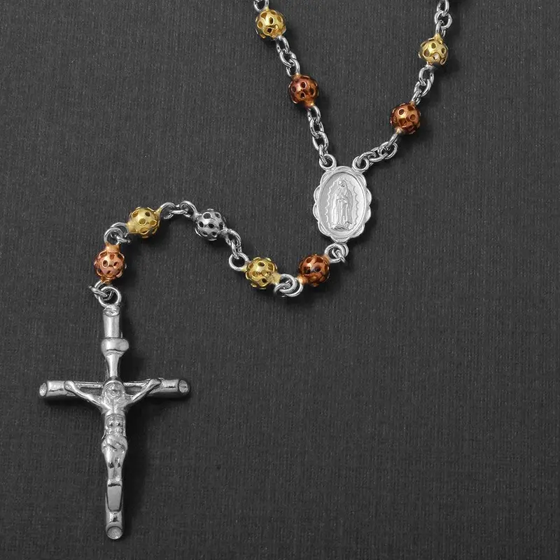 925 Sterling Silver Tri-Tone Filigree Rosary Necklace With 4Mm Beads And Open Bar Separators - Ros16-4Mm 1