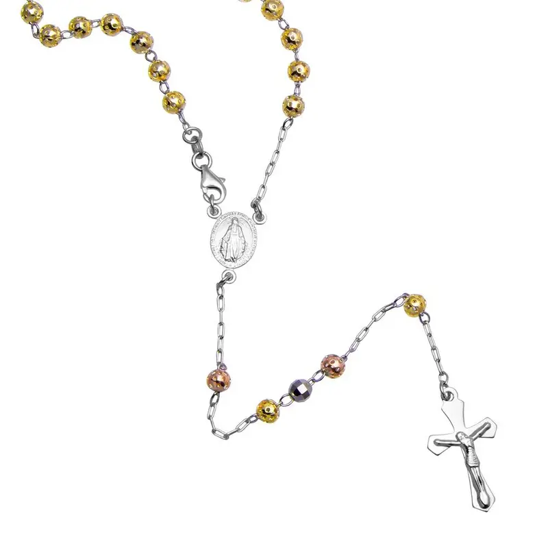 925 Sterling Silver Tri-Tone Filigree Rosary Necklace With Diamond-Cut 5Mm Beads - Ros22-5Mm 1