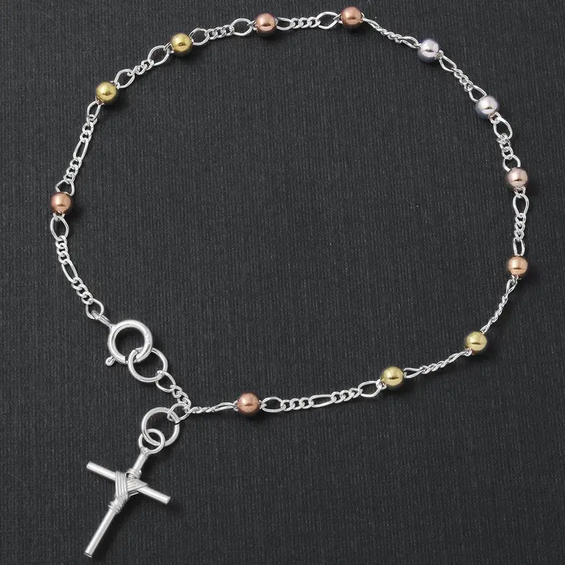925 Sterling Silver Tri-Tone Rosary Bracelet With 3Mm Beads And Tied Cross Accent - Rsb07Tr-3Mm 1