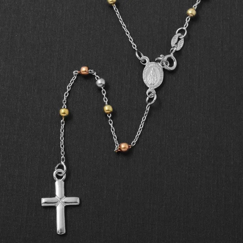 925 Sterling Silver Tri-Tone Rosary Necklace With 3Mm Beads And Oversized Cross - Ros10-3Mm 1