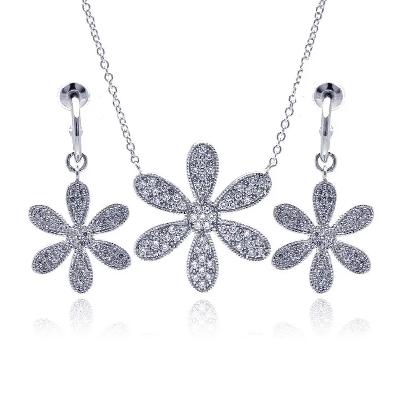 925 Sterling Silver Wildflower Pave Clear Cz Dangling Earring & Necklace Set – Rhodium-Plated Bgs00109 1