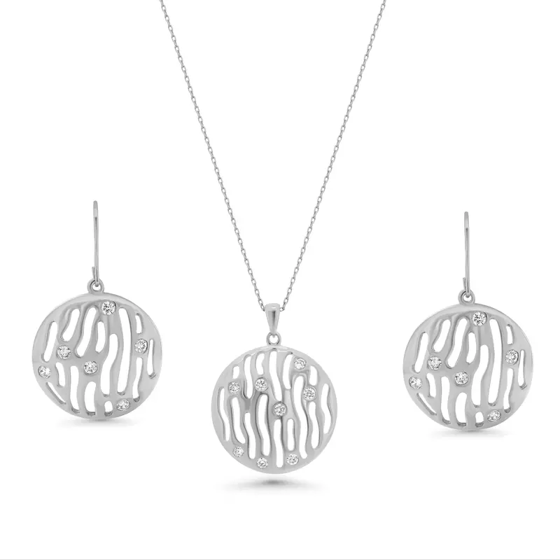 925 Sterling Silver Zebra-Stripe Open Ring Cz Hook Earrings And Pendant Set - Bgs00018 1