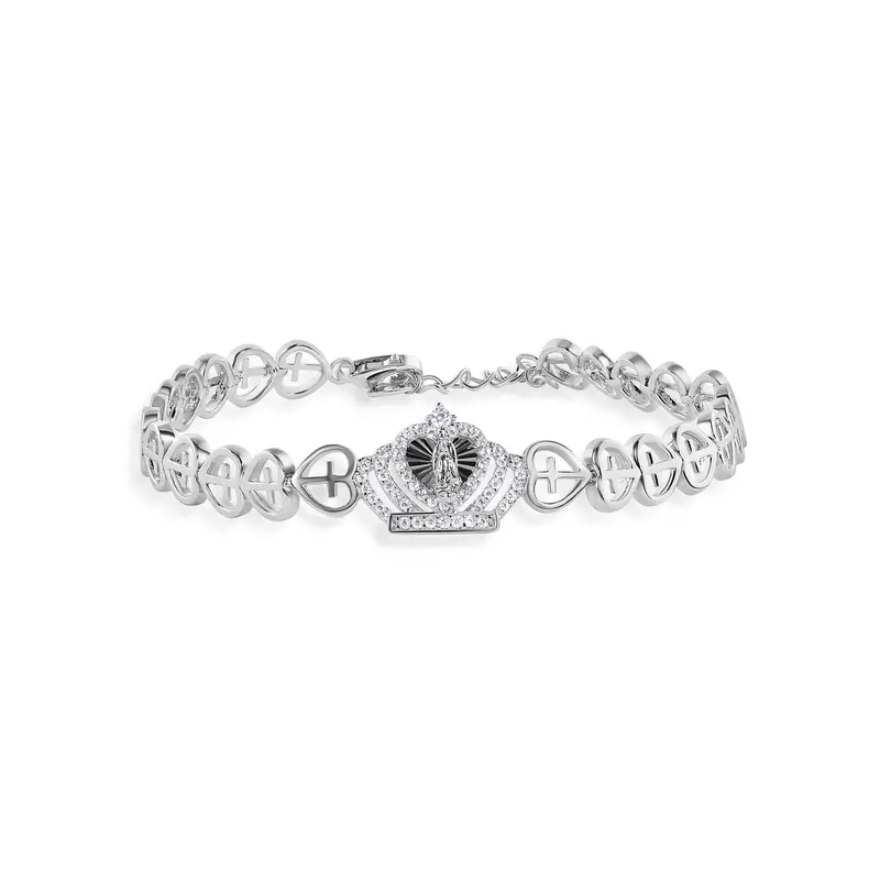 Adjustable Diamond-Cut Heart Cross Bracelet Featuring Our Lady Of Guadalupe Crown Charm — Rhodium-Plated Sterling Silver, 6.3Mm - Gmb00140 1