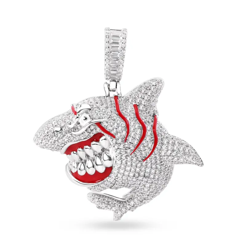 Angry Shark Pendant In Rhodium-Plated Sterling Silver With Red Enamel And Clear Cz Detailing 1