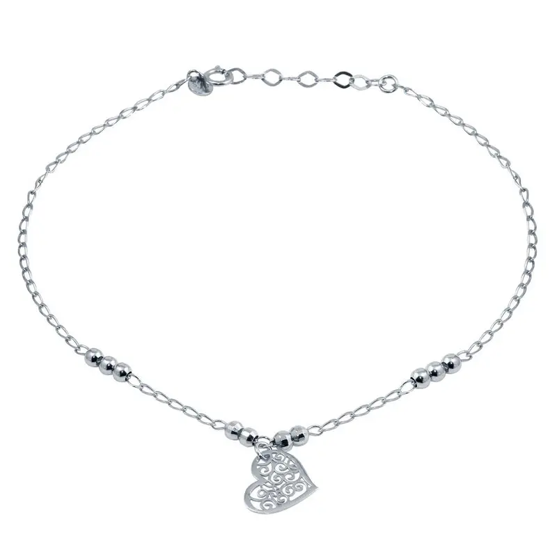Beaded Anklet With Flat Heart Charm In Rhodium-Plated Sterling Silver - Tra00004 1