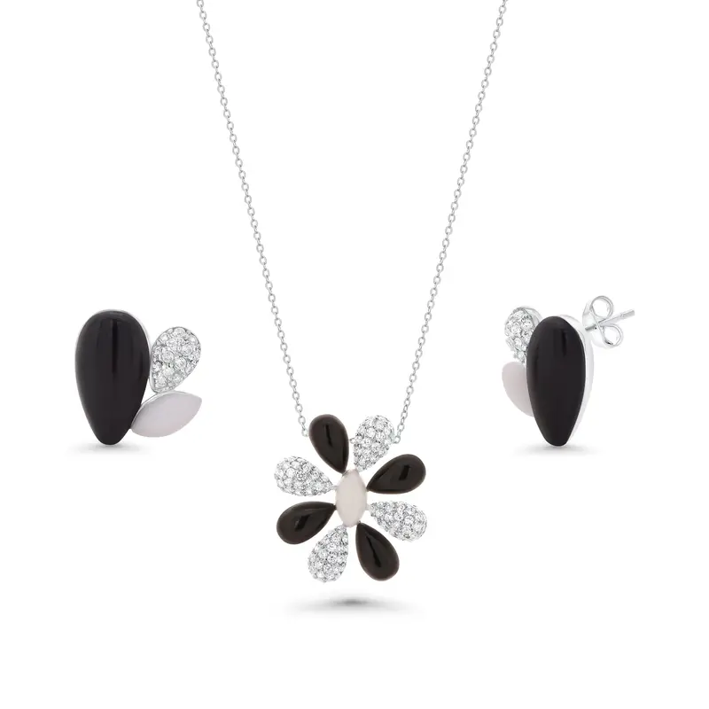 Black Onyx, White Enamel, And Floral Cz Stud Earring And Necklace Set In Rhodium-Plated 925 Sterling Silver – Bgs00088 1