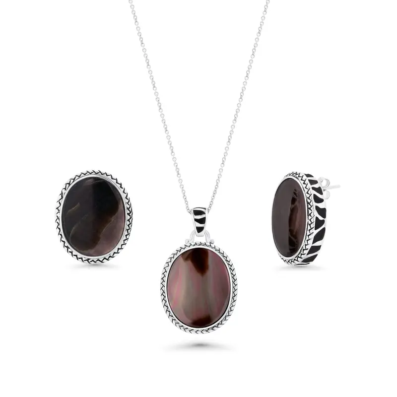 Black Oval Mother-Of-Pearl And Cz Stud Earring And Necklace Set In Rhodium-Plated 925 Sterling Silver – Sts00368 1