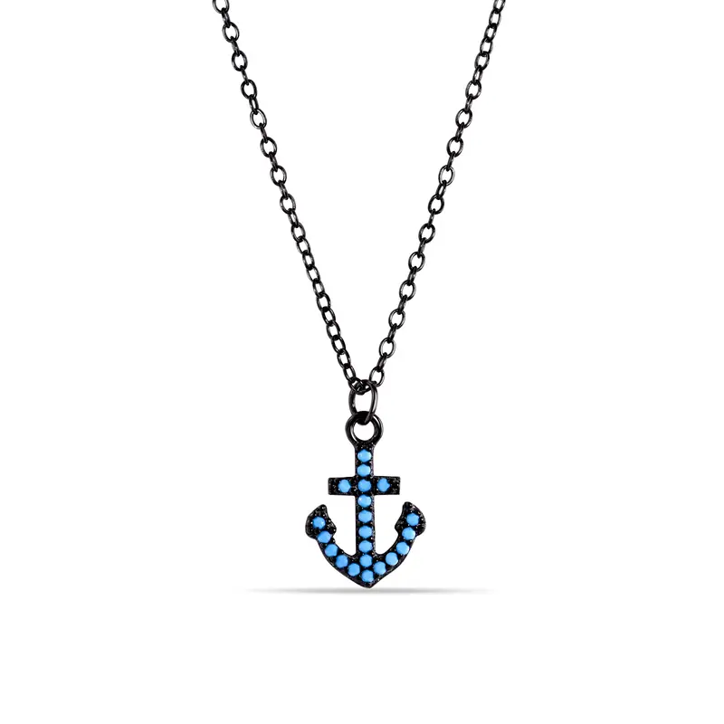 Black Rhodium Anchor Necklace Featuring Turquoise Accents – Stp01541Bp 1