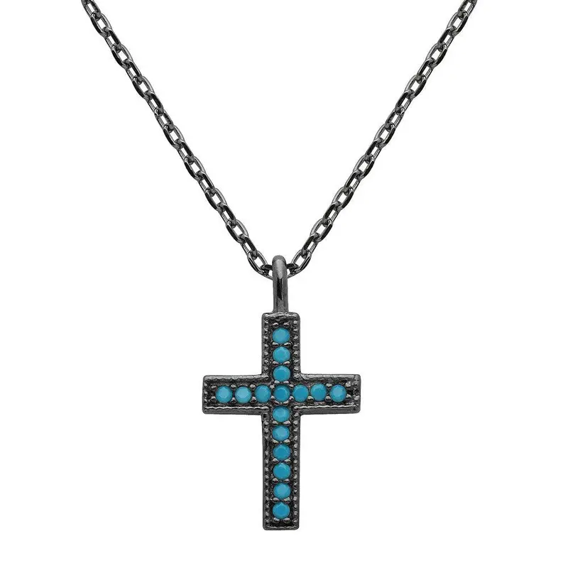 Black Rhodium Cross Pendant Necklace Featuring Genuine Turquoise – Stp01539Bp 1