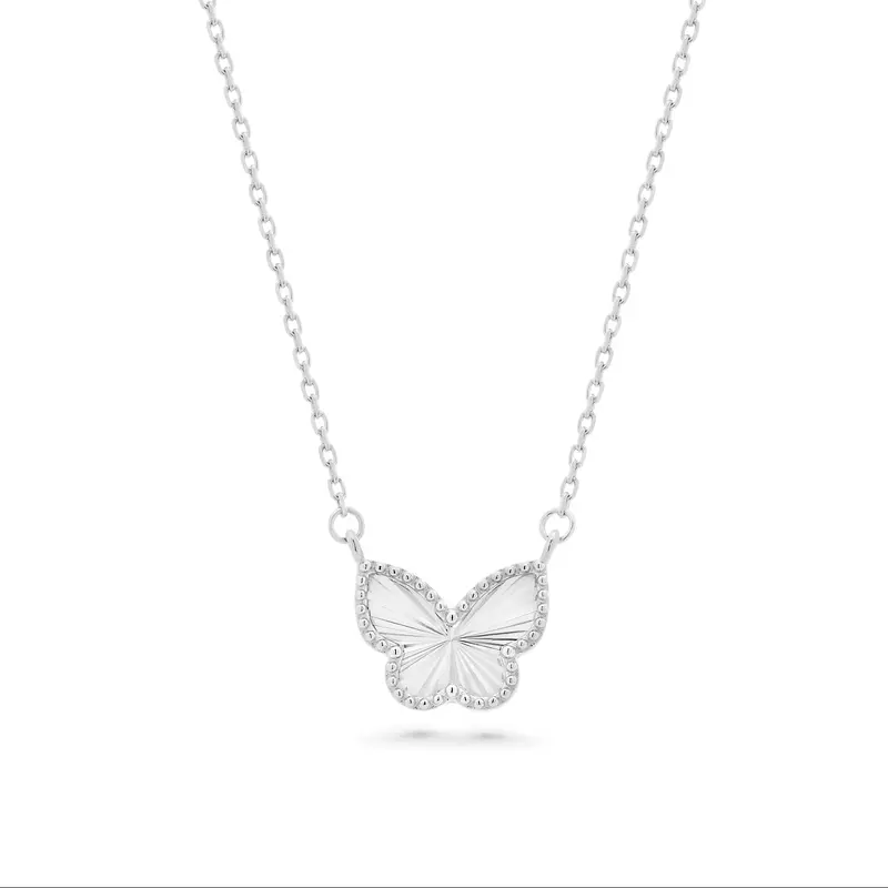 Butterfly-Shaped Diamond-Cut Pendant Necklace In Rhodium-Plated Sterling Silver – Adjustable Length 1