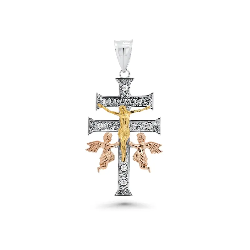 Caravaca Crucifix Pendant With Cherub Motifs And Moissanite Inlays In Three-Tone Silver 1