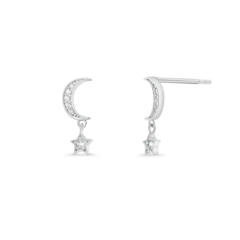 Celestial Moon And Star Drop Stud Earrings – Rhodium-Plated Sterling Silver 1