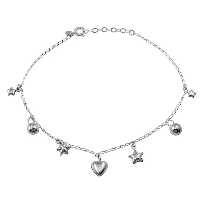 Charm Anklet Featuring Heart, Star, And Round Accents In Rhodium Silver - Tra00003 1