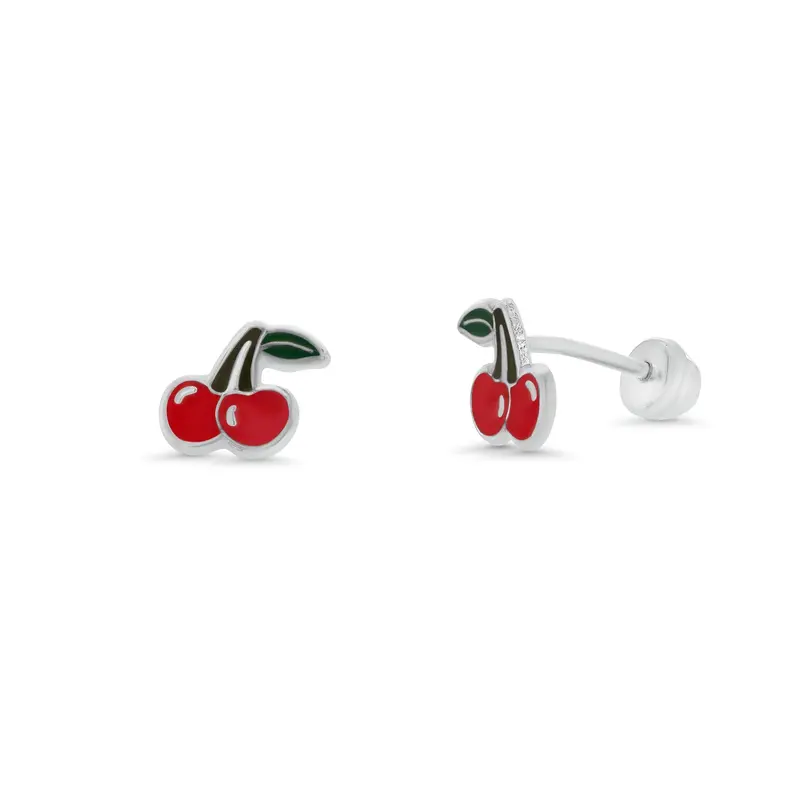 Cherry-Shaped Enamel Stud Earrings In Polished Sterling Silver (Sil00014) 1