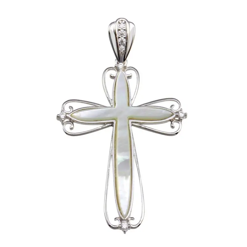 Classic Cross Pendant Featuring Mother Of Pearl And Cz Accents In Rhodium-Plated 925 Silver - Gmp00027 1