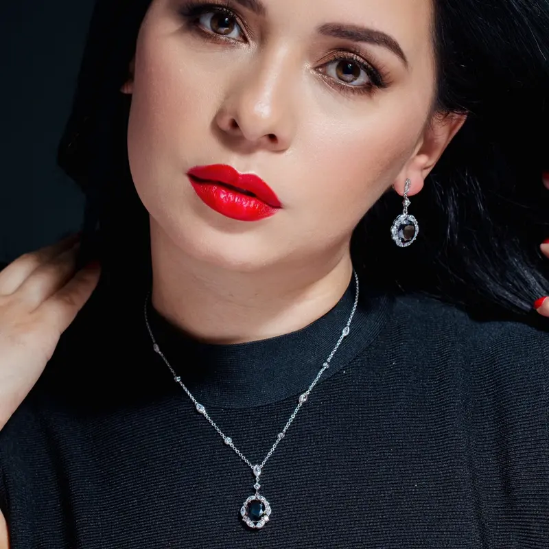 Clearance: 925 Sterling Silver Flower Cz Dangling Earrings And Necklace Set With Rhodium And Black Rhodium Plating - Bgs00015 1