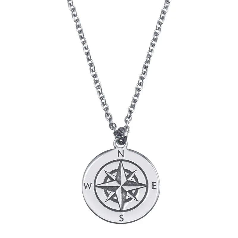 Compass-Engraved Disc Pendant Necklace In Rhodium-Plated Sterling Silver - Sop00151 1