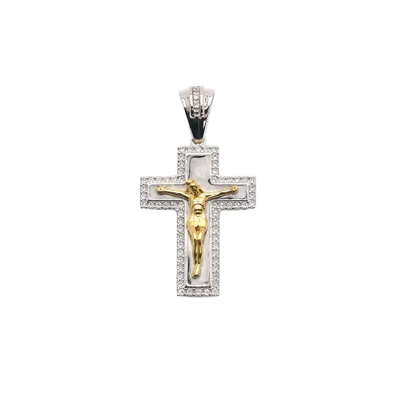 Crucifix Cross Pendant With Moissanite In Two-Tone Sterling Silver 1