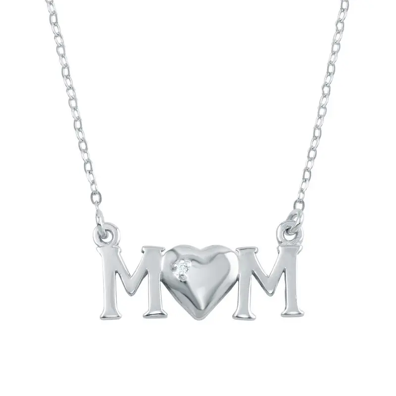 Cz-Accented 'Mom' Pendant Necklace In Rhodium-Plated Sterling Silver - Sop00105 1