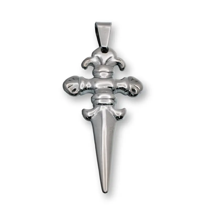 Dagger Cross Pendant With Fleur-De-Lis Motif, Rhodium-Plated Stainless Steel – 27.1Mm × 57.2Mm 1